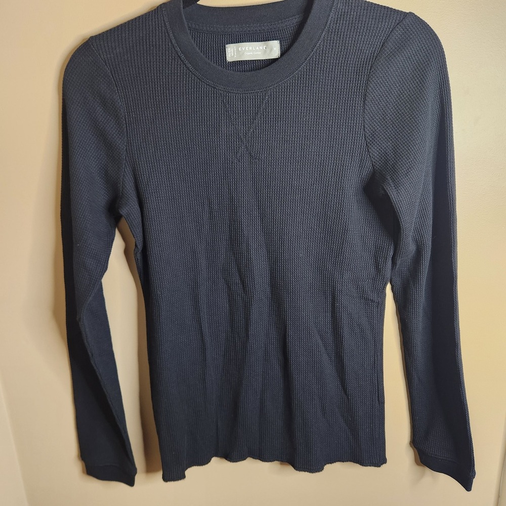 Everlane Organic Cotton Waffle Knit Long Sleeve Thermal Tee Black Shirt M